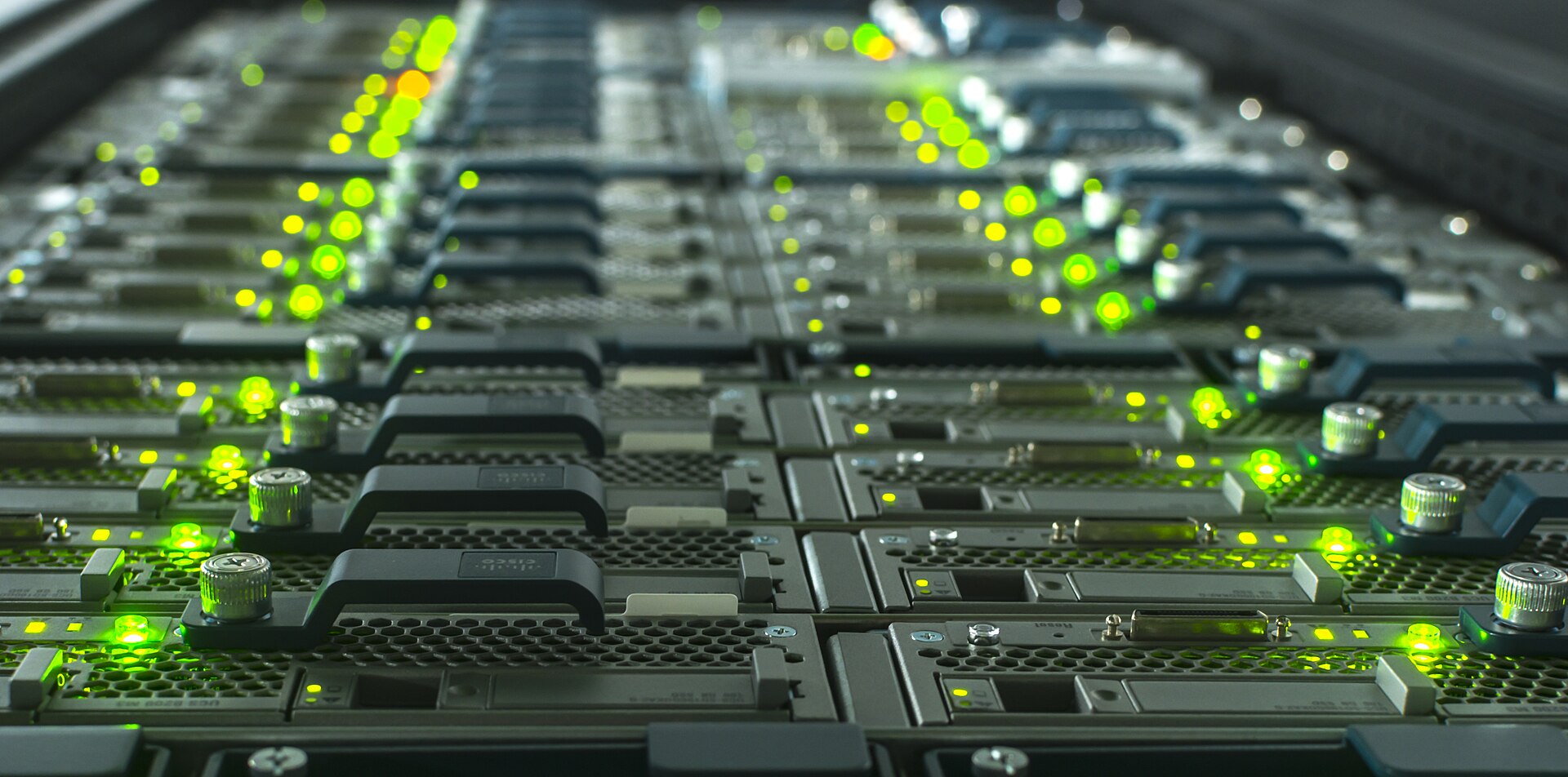 A real row of Cisco UCS B200 blade servers inside a compute chassis